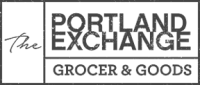 The image shows a logo with "The Portland Exchange Grocer & Goods" written in a stylish font.